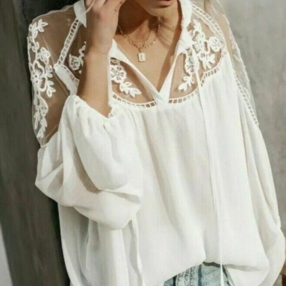 FLASH SALE! Chiffon Lace White Chiffon Top Blouse - Picture 5 of 7